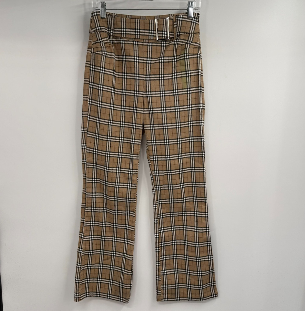 Princess Polly Pants Womens 4 Brown Plaid High Rise Belted Cotton Stretch Preppy